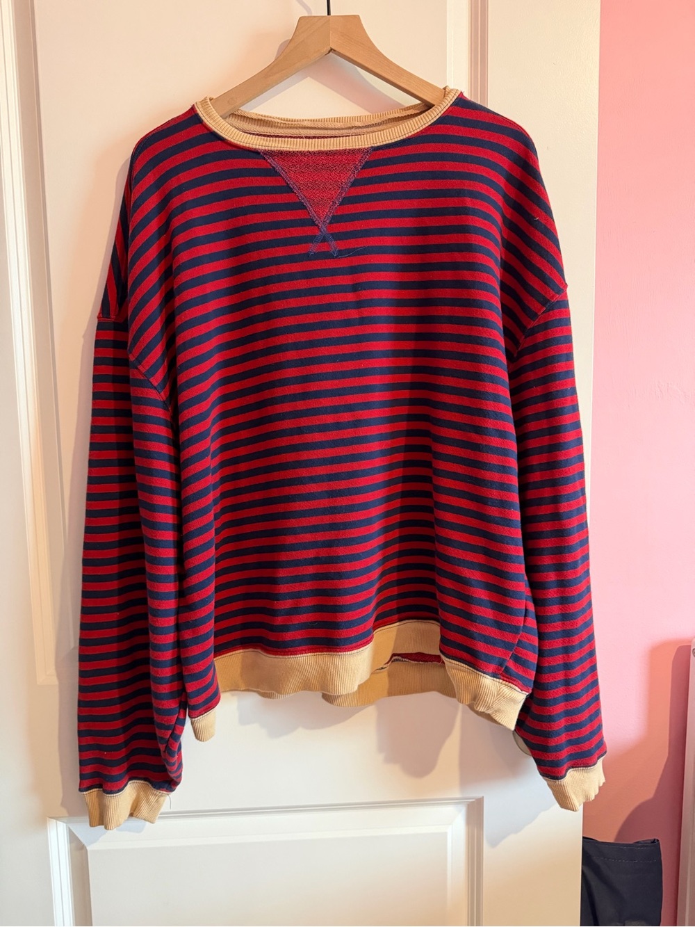 We The Free Red and Navy Striped Crewneck with Tan Trim